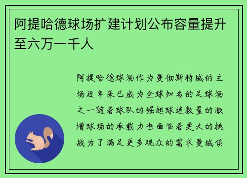 阿提哈德球场扩建计划公布容量提升至六万一千人